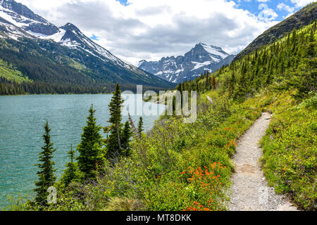 Sentier de randonnée de montagne de printemps - un sentier de randonnée s'enroulant vers Mount Gould dans une vallée à bord du lac Josephine, Glacier National Park, États-Unis Banque D'Images