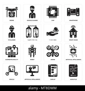 Ensemble de 16 icônes modifiable simple comme fichier audio, l'affichage, l'intelligence artificielle, Véhicule, drone, lunettes Vr, réalité augmentée, la télékinésie peut b Illustration de Vecteur