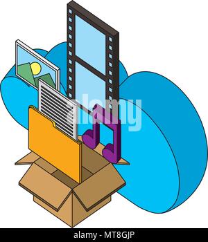 Boîte de stockage en nuage photo musique film isométrique des fichiers Illustration de Vecteur