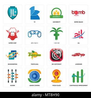 Ensemble de 16 icônes modifiable simple tels que l'amélioration continue, pizzeria, Ashok chakra, kicker, lowrider, super , chef, Comptabilité, église peut être Illustration de Vecteur