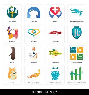 Ensemble de 16 icônes modifiable simple tels que l'amélioration continue, pêcheur barbu, golden Peacock, doge, tableau périodique, scout, bhangra, loutre, lo Illustration de Vecteur