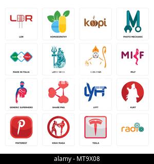 Ensemble de 16 icônes comme modifiable simple, Tesla, le Krav maga, pinterest, Kurt, LDR, made in Italia, super-héros, hanuman générique peut être utilisé pour le mobile, nous Illustration de Vecteur
