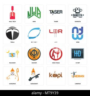 Ensemble de 16 icônes modifiable simple comme poseur, , saraswati, hanuman, hi def, nail tech, Tesla, mahadev, LDR peut être utilisé pour le mobile, l'interface utilisateur web Illustration de Vecteur