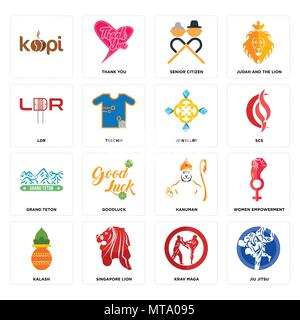 Ensemble de 16 icônes modifiable simple comme le jiu jitsu brésilien, Krav maga, Singapour lion, Kalash, l'autonomisation des femmes, , ldr, le Grand Teton, bijoux peut être utilisé pour Illustration de Vecteur