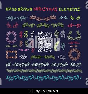 Ensemble de faits à la main des couronnes, des rubans colorés, laurel et étiquettes sur fond sombre. Éléments de conception de Noël Illustration de Vecteur