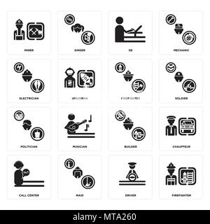 Ensemble de 16 icônes modifiable simple comme pompier, chauffeur, femme de chambre, centre d'appels, chauffeur, Miner, électricien, homme politique, le pompier peut être utilisé pour Illustration de Vecteur