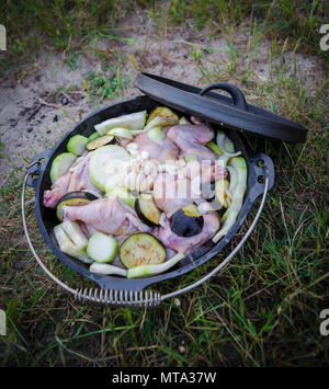 Poulet frais, aubergines et sqaush ragoût dans pot en fonte ou un faitout à cuire sur feu de bois Banque D'Images