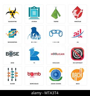 Ensemble de 16 icônes modifiable simple tels que Bach, Ashok chakra, démineurs, kicker, pas de copyright, la quarantaine, comptabilité, système Bose, l'acier peut être utilisé pour Illustration de Vecteur