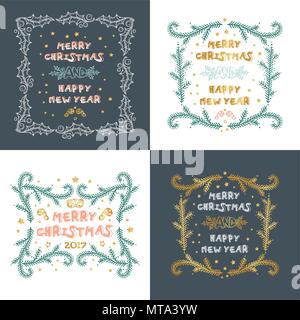 Vector set de cartes de Noël avec des décorations de Noël. Hand drawn Illustration de Vecteur