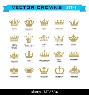 Vector collection de creative le roi, la reine, la princesse, le pape couronne des symboles ou des éléments du logo. Ensemble de la couronne vintage géométrique Illustration de Vecteur