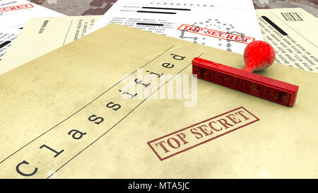 Le document Top Secret, stamp, déclassifié, informations confidentielles, secret du texte. Informations non publiques. Feuille de papier des informations classifiées Banque D'Images