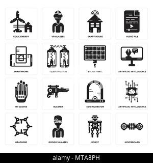 Ensemble de 16 icônes modifiable simple comme l'hoverboard, Robot, lunettes Google, le graphène, intelligence artificielle, Eolic énergie, Smartphone, Wifi, gants Sol Illustration de Vecteur