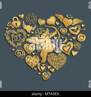 Carte de souhaits pour la Saint-Valentin avec un grand cœur composé de fleurs, cupidon, petits coeurs, serrures et clés. Plus d'illustration vectorielle zone sombre Illustration de Vecteur