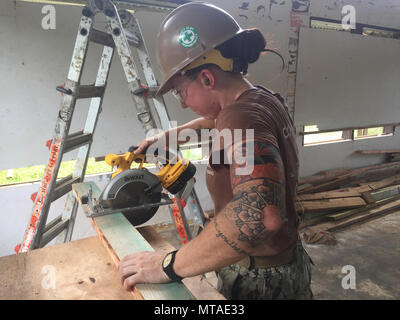 KOSRAE (États fédérés de Micronésie (17 avril 2017) Builder 2e classe Desirae Cleary, de Modesto, Californie, coupe du bois de construction navale au cours de construction Mobile Bataillon (NMCB) 1 Rénovation d'une école primaire de Malem à Kosrae (États fédérés de Micronésie, le 17 avril 2017. 1 NMCB est déployée avant d'exécuter la construction, l'aide humanitaire et l'aide étrangère, les opérations spéciales des services de soutien au combat, et le théâtre à l'appui de la coopération de sécurité américaines du Pacifique. Banque D'Images