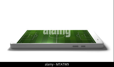 Téléphone mobile isolé avec terrain de soccer de rendu 3D d'affichage Banque D'Images