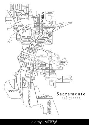 Plan de la ville moderne - Sacramento Californie ville des États-Unis avec des titres et des quartiers contour plan Illustration de Vecteur