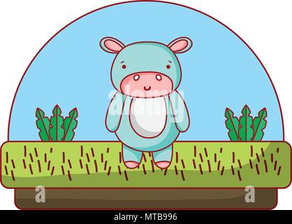 Animal mignon hippopotame dans la campagne et les plantes Illustration de Vecteur