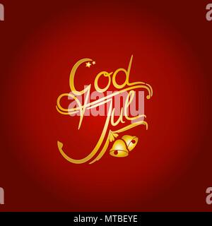 Jul, dieu scandinave d'or mots Joyeux Noël sur fond rouge, vector illustration Illustration de Vecteur