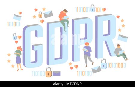 Droit des gens PIBR isométrique concept. Les petits hommes grandes lettres télévision 3D comme données générales cadenas de sécurité règlement protéger. Confidentialité Les renseignements personnels de couleur pastel illustration vectorielle de sécurité Illustration de Vecteur