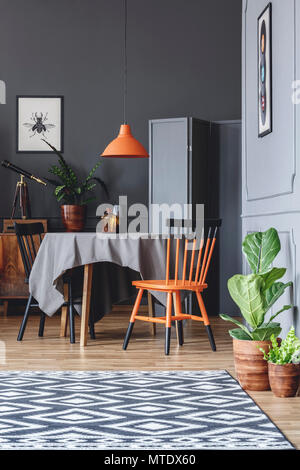 L'intérieur de salle à manger avec une table, chaises noir et orange, de plantes et de moquette à motifs Banque D'Images