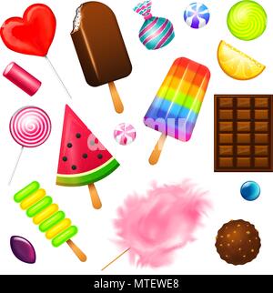 Bonbons sucrés réaliste. Caramel Swirl, assortiment de sucettes, cercle et dragee chocolats, pâte de fruit, sucre, coton et nuages pastèque. Illustration 3D de vecteur. maison de couleurs dans un style moderne. Illustration de Vecteur