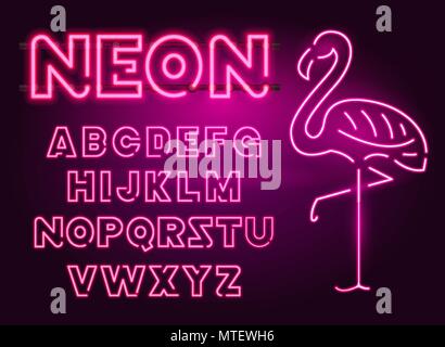 80 s de vert fluorescent retro font et Flamingo. Lettres chrome futuriste. Alphabet clair sur fond sombre. Symboles de lumière signe pour night show en club. concept de l'espace galaxy. La version décrite. Illustration de Vecteur