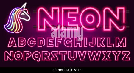 80 s de vert fluorescent retro font et unicorn. Lettres chrome futuriste. Alphabet clair sur fond sombre. Types de symboles de la lumière. Signe pour night show en club. concept de l'espace galaxy. La version décrite. Illustration de Vecteur