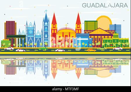 Guadalajara Mexique avec toits de bâtiments, de couleur bleu ciel et les réflexions. Vector Illustration. Les voyages d'affaires et tourisme Concept Illustration de Vecteur
