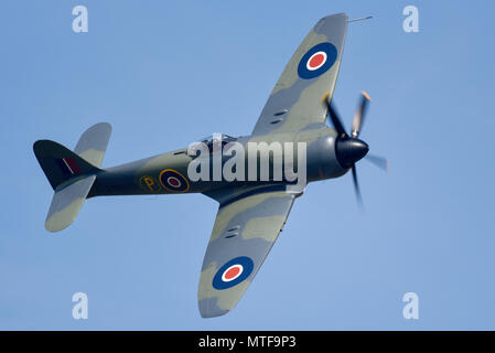 Hawker Fury avion de chasse de la Seconde Guerre mondiale volant à un spectacle aérien. Avion de la Royal Air Force de la Seconde Guerre mondiale. Ciel bleu. Hawker Sea Fury FB11 Banque D'Images