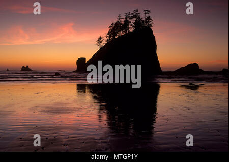 Coucher du soleil à Seastack deuxième plage, Olympic National Park, Washington Banque D'Images