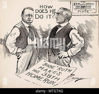 "Comment fait-il ?" Les candidats à l'élection présidentielle Warren G. Harding et James M. Cox de prendre le temps de réfléchir à une autre grande histoire de 1920 de Babe Ruth, nombre record de home run tally (il a frappé 54, brisant son propre record de 29). Banque D'Images