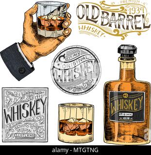 Whiskey américain Vintage badge. Les étiquette avec éléments calligraphiques. Croquis dessinés à la main, gravé lettrage pour t-shirt. Cadre classique pour bouteilles Illustration de Vecteur