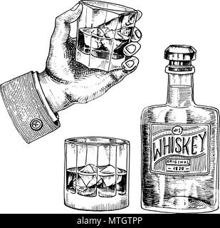 Whiskey américain Vintage badge. Les étiquette avec éléments calligraphiques. Cadre classique pour poster bannière. Verre à liqueur forte. Cheers toast. Ha Illustration de Vecteur