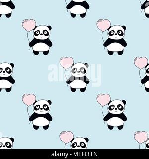 Motif bébé sans couture avec mignon pandas et coeur des ballons. Illustration de Vecteur