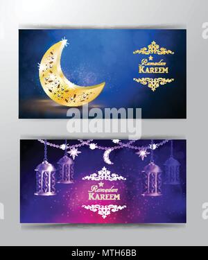 L'Arabe complexes avec des lumières de la lune et des lampes pour le Ramadan Kareem banner bannière vector set Illustration de Vecteur