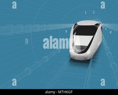 3d illustration de train entre dans le tunnel, bleu et blanc. Banque D'Images