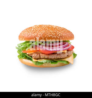 Hamburger parfait burger cheeseburger classique américain isolé Banque D'Images