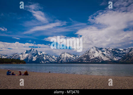 Groupe d'assise dans le sol le paysage du Parc National de Grand Teton, Wyoming, reflet de la montagne sur le lac Jackson près de Yellowstone Banque D'Images