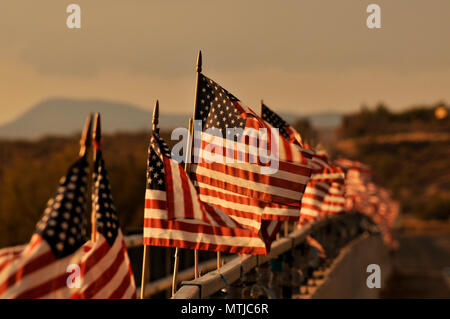 Drapeaux américain attaché à un pont au-dessus de la rivière de Santa Cruz dans le vent souffler à Green Valley, Arizona, USA. Banque D'Images