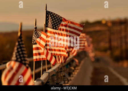 Drapeaux américain attaché à un pont au-dessus de la rivière de Santa Cruz dans le vent souffler à Green Valley, Arizona, USA. Banque D'Images