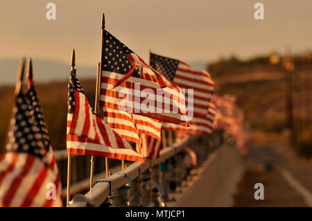 Drapeaux américain attaché à un pont au-dessus de la rivière de Santa Cruz dans le vent souffler à Green Valley, Arizona, USA. Banque D'Images