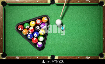 Boules de billard, triangle, craie et cue sur table de billard. 3D illustration. Banque D'Images