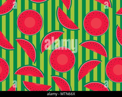 Modèle transparent avec les pastèques sur un fond vert. Tranches de pastèque à graines. Vector illustration Illustration de Vecteur