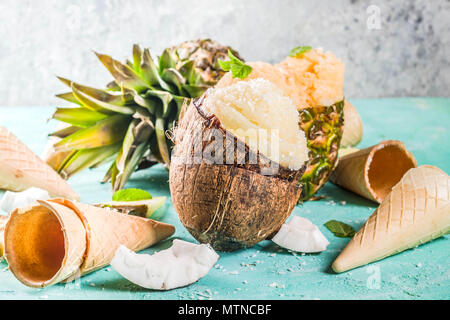 Maison de vacances d'été, définir diverses glaces sorbets tropicaux, jus congelés dans des ananas, pamplemousse et noix de coco, bleu clair béton backg Banque D'Images