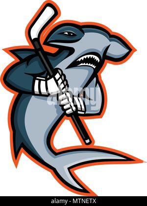 Icône mascotte illustration d'un requin marteau qui est un joueur de hockey sur glace brandissant un bâton de hockey vu de côté sur fond isolé en rétro sty Illustration de Vecteur