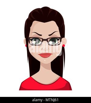 Face à l'expression de belle femme brune à lunettes et blouse rouge. Les émotions. Personnage en colère. Vector illustration isolé sur fond blanc Illustration de Vecteur