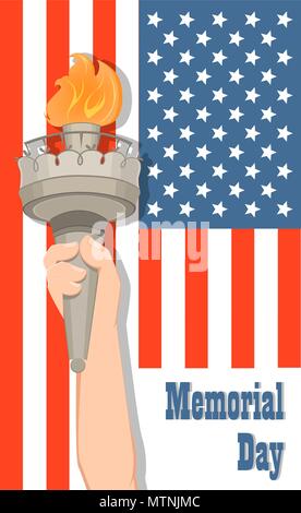 Happy Valentines Day. Carte de souhaits avec main tenant flambeau comme Statue de la liberté et drapeau USA sur l'arrière-plan. Vector illustration pour maison de vacances Illustration de Vecteur