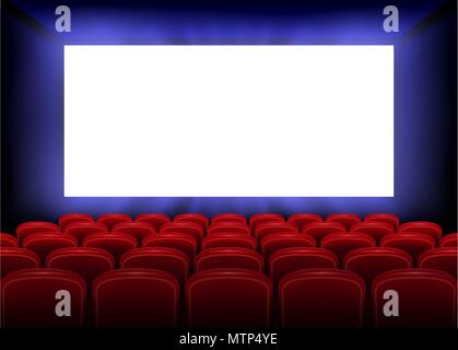 Première de film de cinéma poster design avec écran blanc vide. Salle de cinéma réaliste intérieur avec des sièges rouges. Vector illustration. Illustration de Vecteur