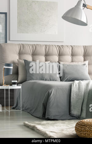 Chambre moderne et spacieuse avec grand lit conçu dans les tons de gris Banque D'Images
