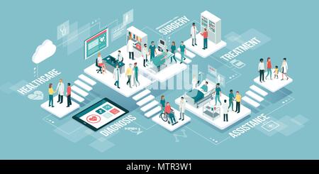 Clinique médicale virtuelle isométrique avec chambres familiales, les patients et les médecins : médecine, santé et technologie concept Illustration de Vecteur